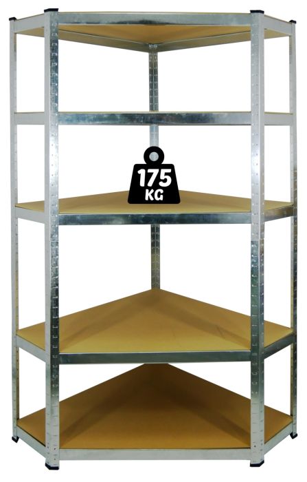Rohový regál 180x90x90cm, 5 polic, ocel + MDF deska