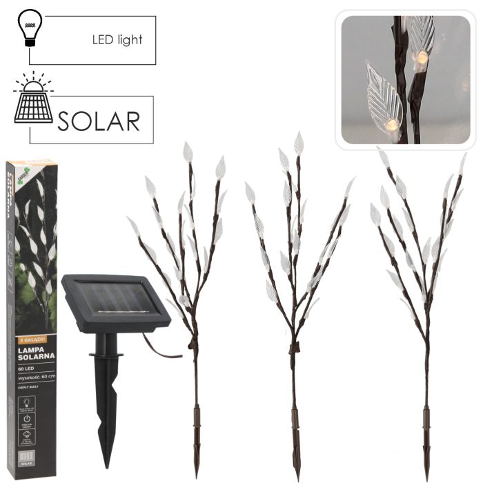 Solární lampa 3 větve, 60 LED, teplá bílá, 60 cm